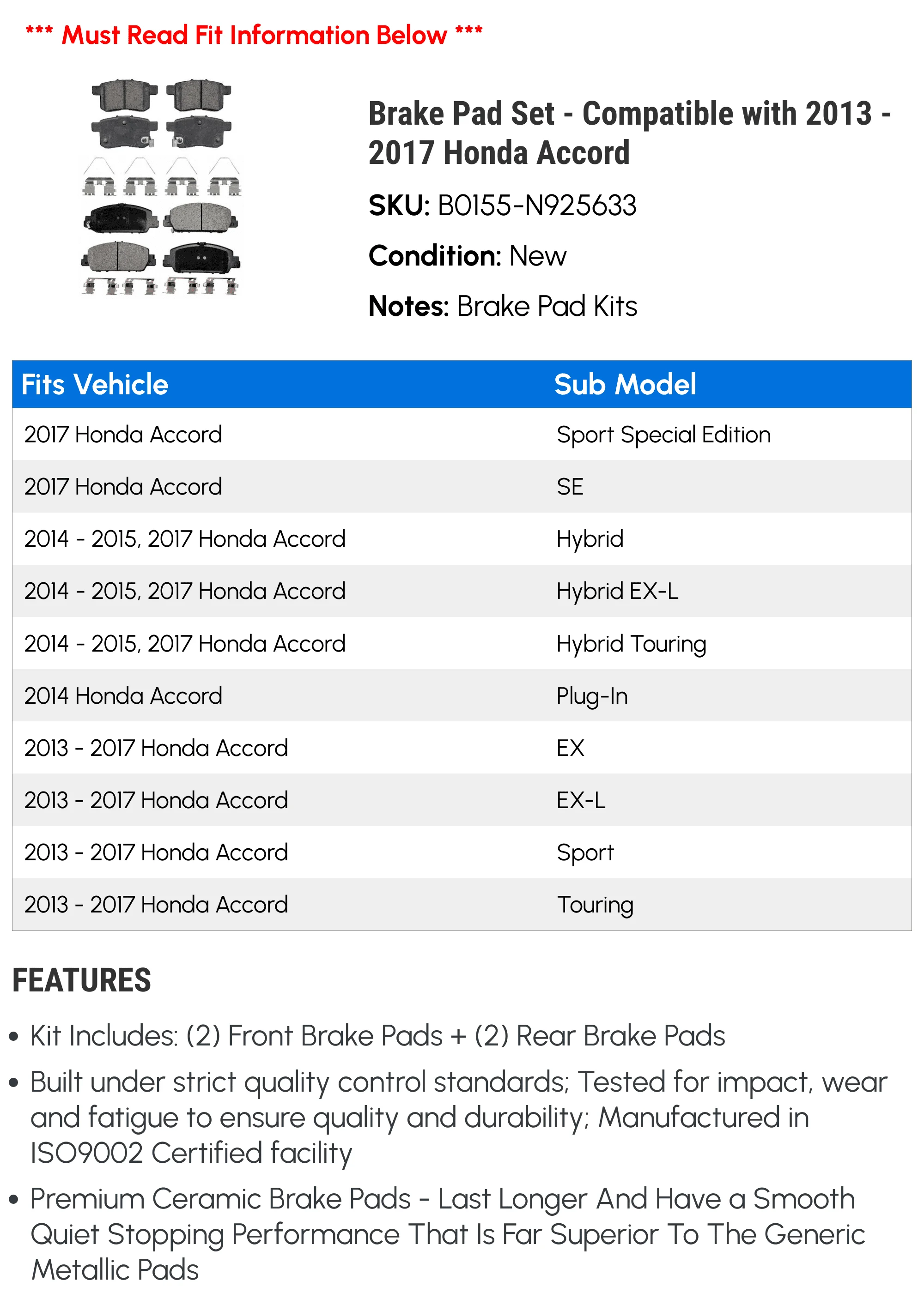 Set pastiglie freno - Compatibile con Honda Accord 2013 - 2017 2014 2015 2016