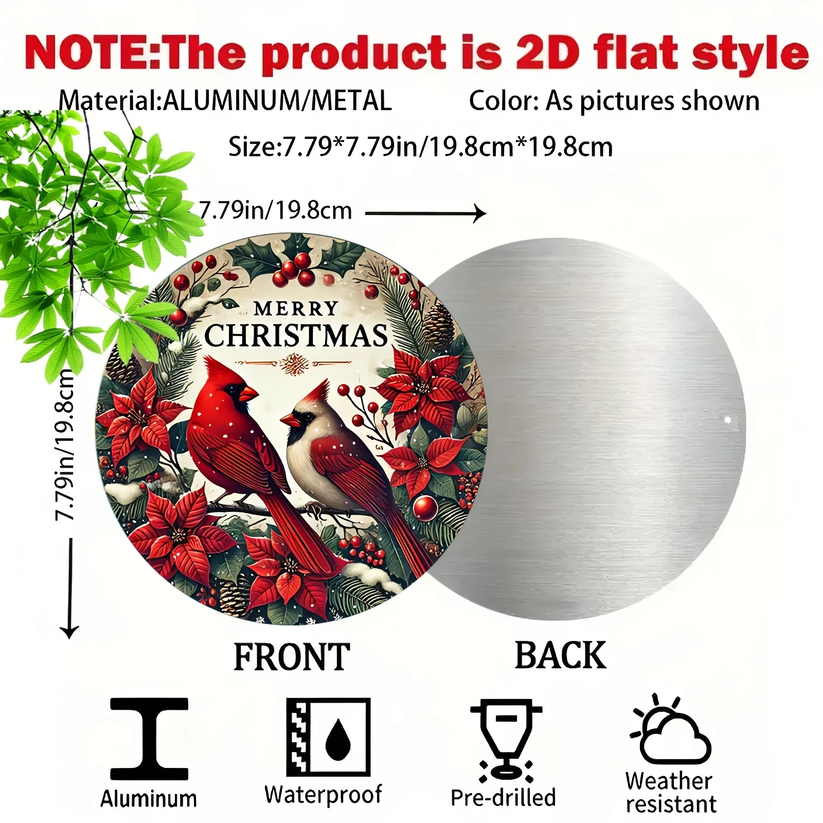 Merry Christmas Red Cardinal Bird 2D Round Metal Tin Sign 20x20cm Poinsettia Holly Wreath Iron Plaque Xmas Front Door Wall Decor
