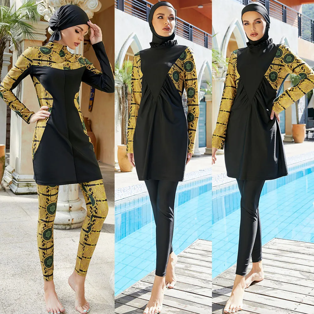 

Muslim Woman Hijab Swimsuit 2022 Woman Burkini Sleeve Patchwork Print Swim Muslim Hood Modest Swimwear Islamic Women's Swimming