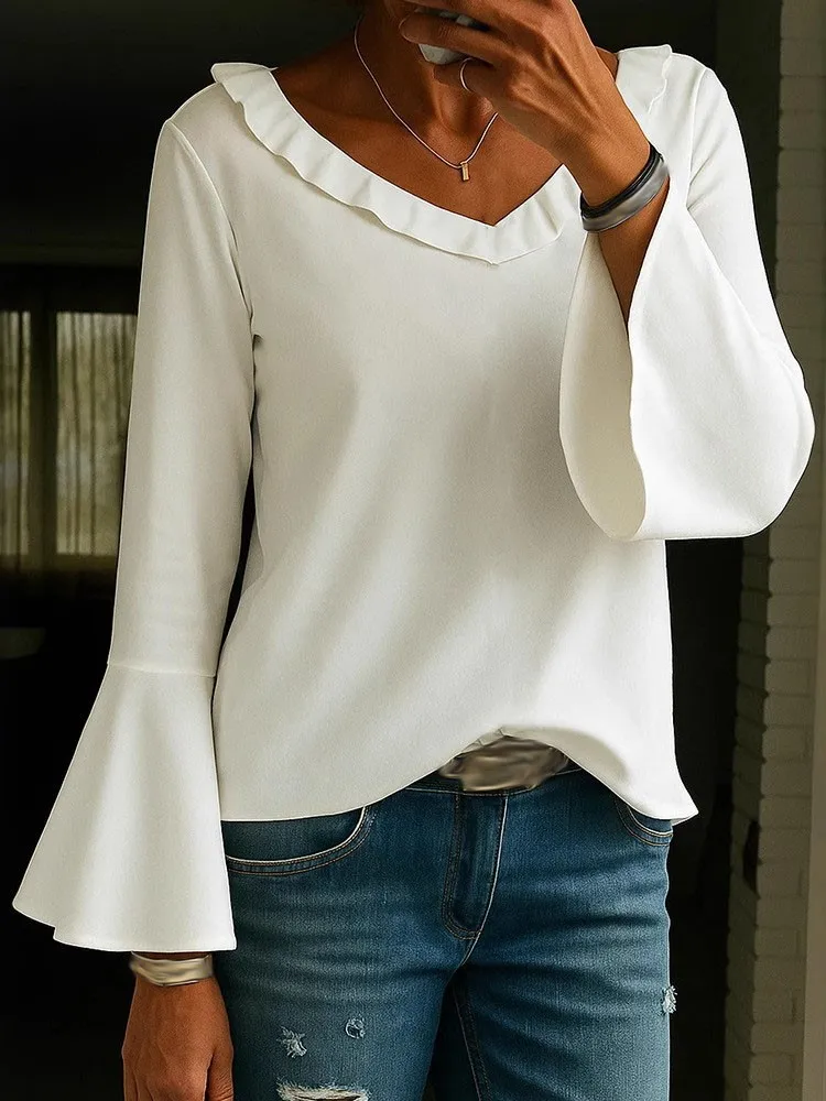 Casual Solid T Shirt For Women Fashion Long Sleeve V Neck Pullover Tee Shirt Femme Holiday Streetwear Women's Clothing Spring