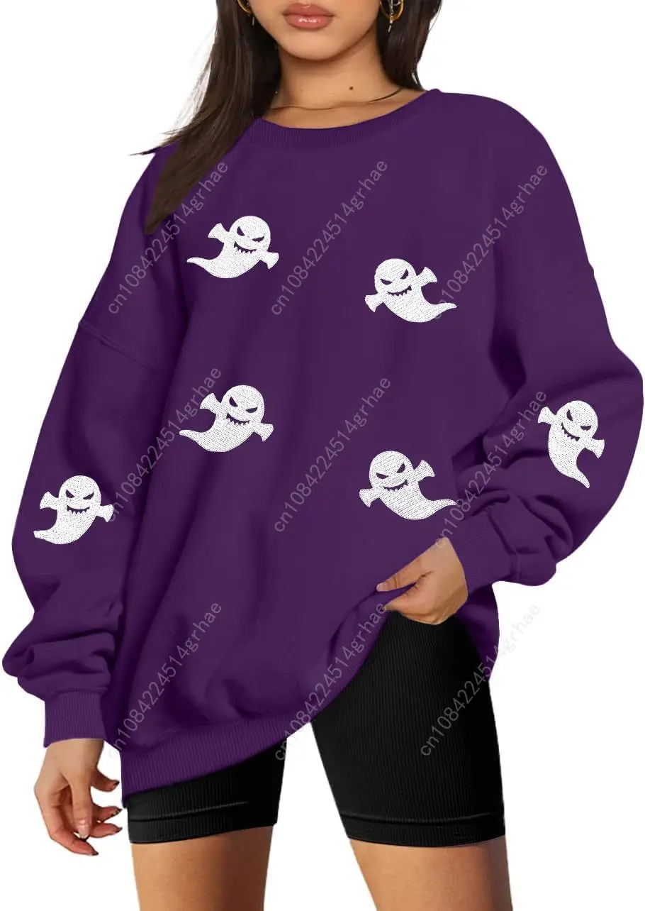 Women Halloween Sweatshirt Oversized Sequin Ghost Shirts Spooky Season Halloween Sweater Crewneck Fall Pullover Tops