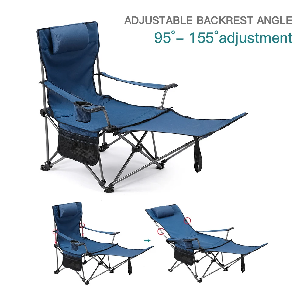 2 in 1 Folding Camping Chair Portable Adjustable Reclining Lounge Chair with Removable Footrest for Camping Fishing Beach Picnic