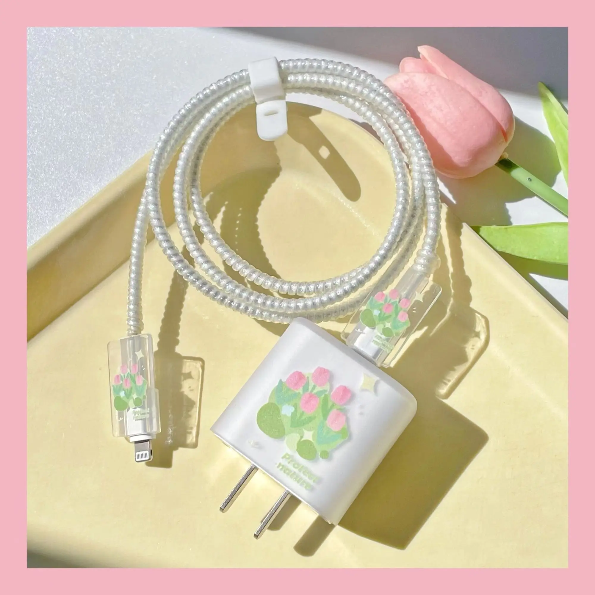 4in1 Cute Cable Protector Spring Winder Anti-break USB Charger  Protection Case For iPhone 18/20W Adapter Data Line Protective