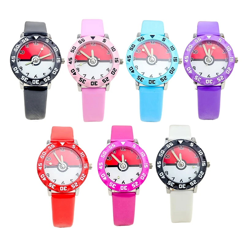 Miniso Anime Cartoon Pokemon Poké Balls Round Quartz Boys Girls Student Watch Children Leather Belt Wristwatch Christmas Gifts