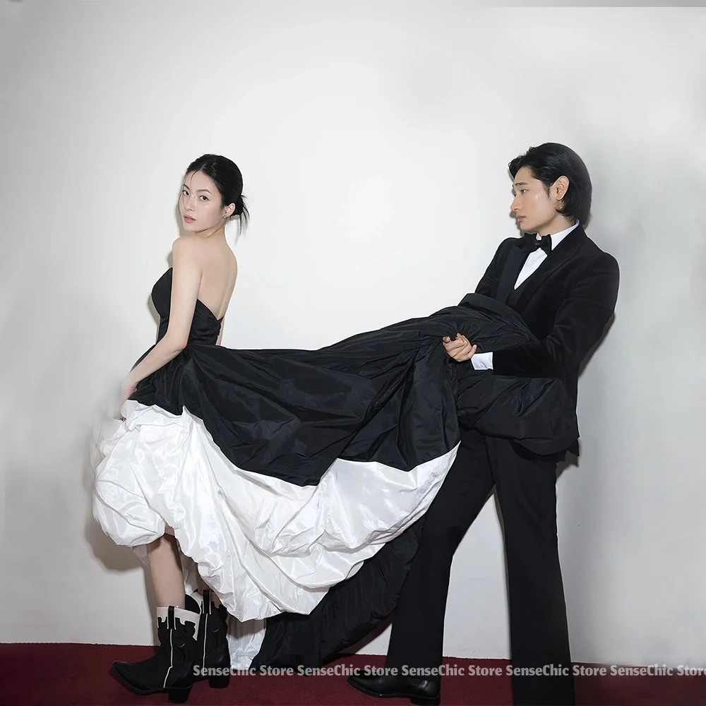 Gaun Pengantin 2025 Satin Korea Tanpa Tali Formal A Line Sapu Kereta Formal Tanpa Lengan Tinggi Rendah Gaun Pengantin Gaun Disesuaikan