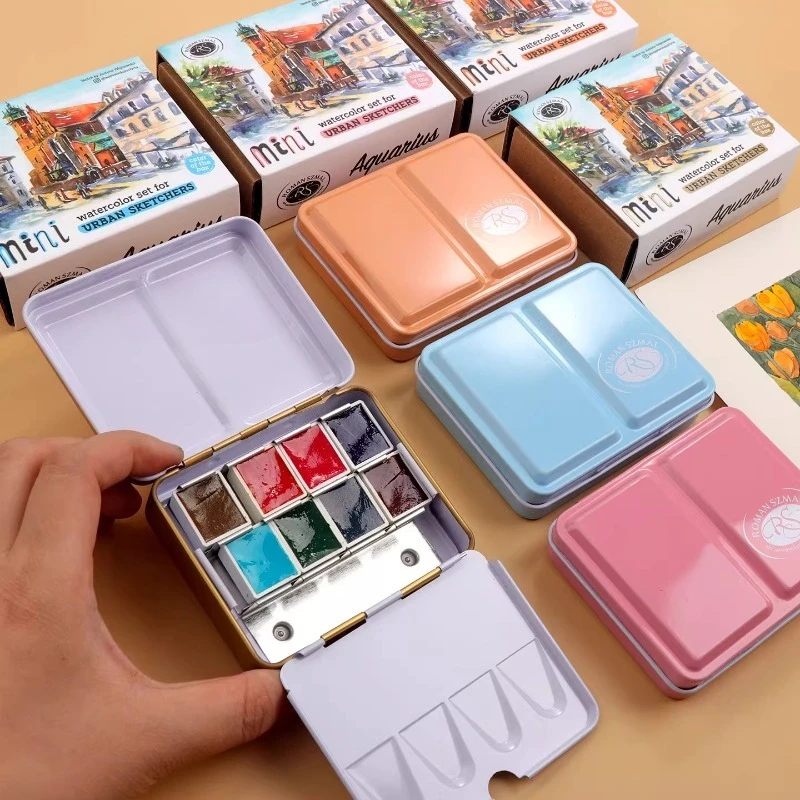 

ROMAN SZMAL ARTISTS металлическая коробка 8, цветные полукастрюли, портативные однотонные акварельные краски, принадлежности для рисования, эскизы, акварель