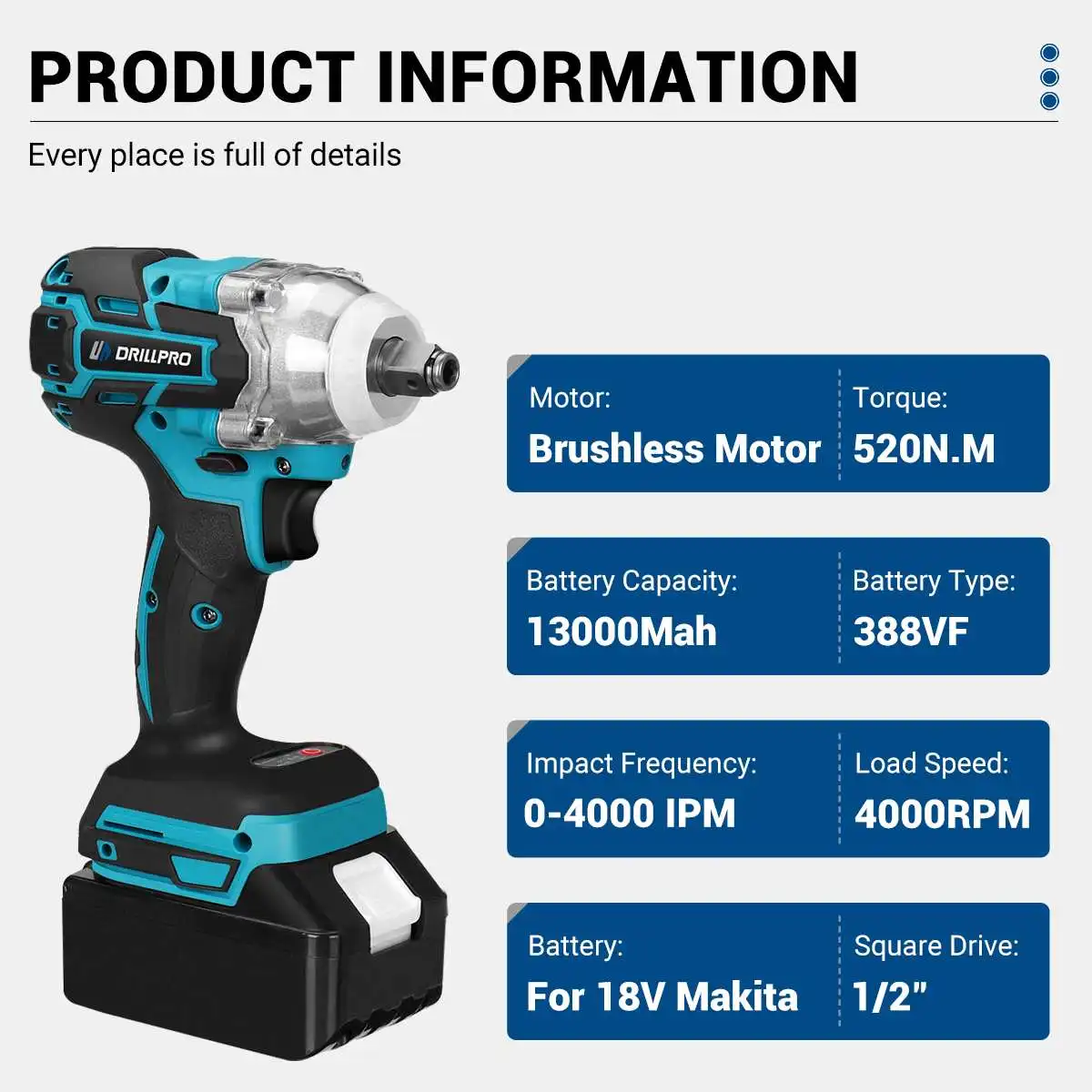 Imagem -03 - Drillpro Brushless Chave de Impacto Elétrica Chave de Fenda sem Fio Ferramentas Elétricas para Bateria Makita Pinça 13 mm 520 nm 2