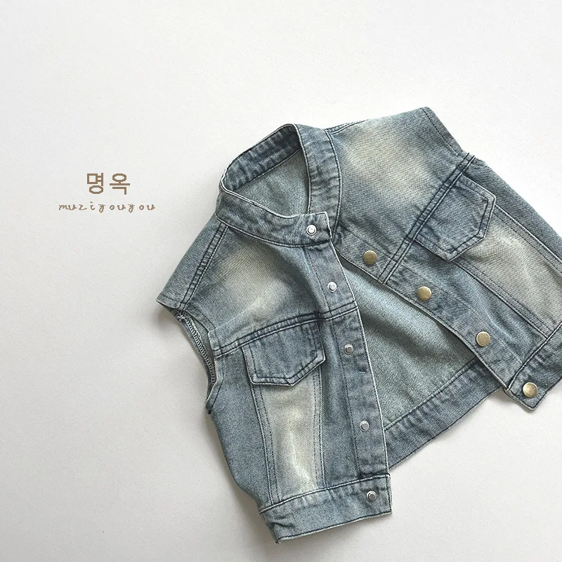 Spring New Children Vintage Denim Vest Jacket Toddler Boys Casual Versatile Tops Fashion Girls Sleeveless Vest Coat Kids Clothes