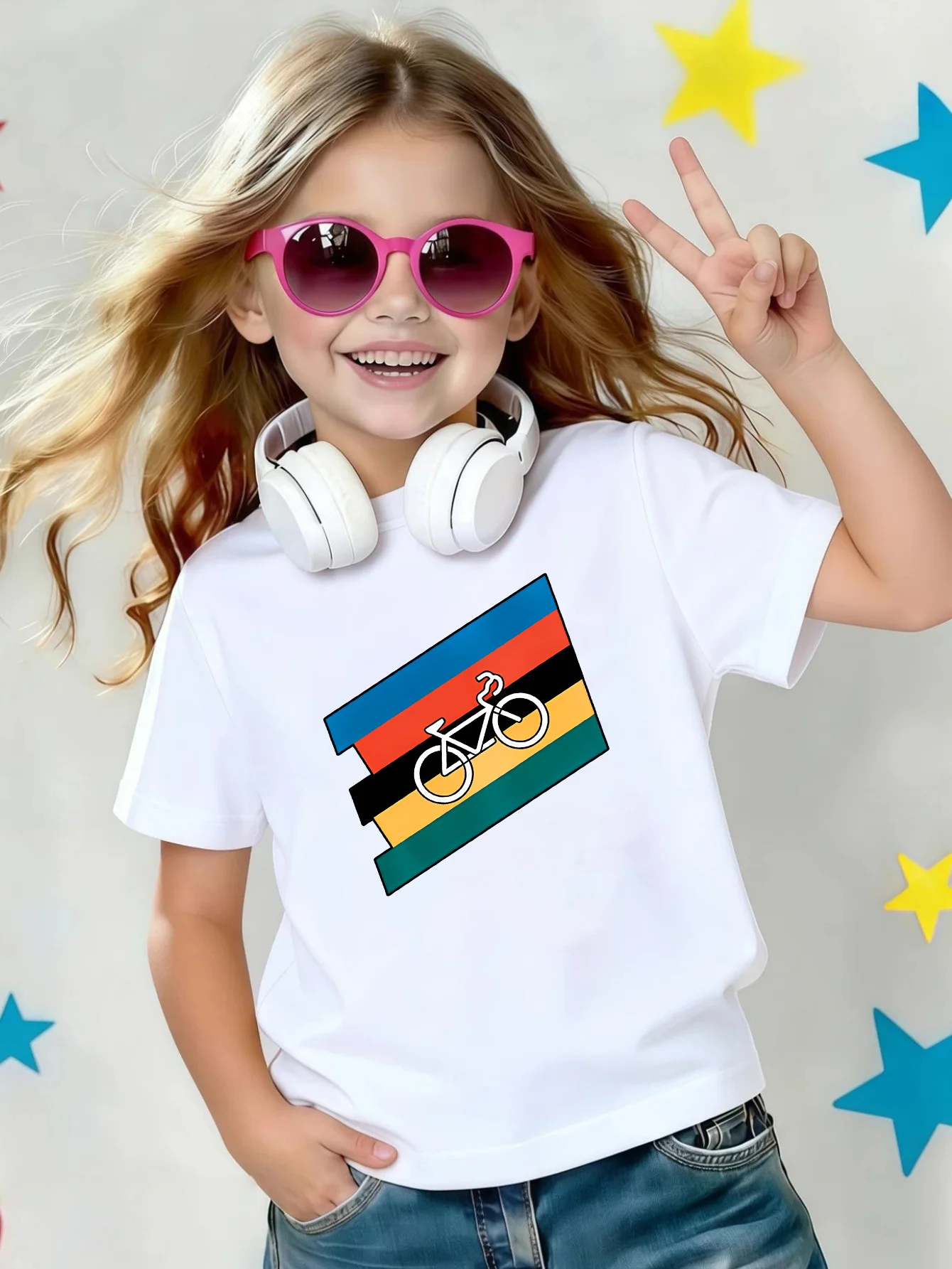Color Stripes Bicycle Minimalist Print Kids T Shirt Boys Girls Cotton Short Sleeve Parent Child Fashion Daily Casual Basic Tee