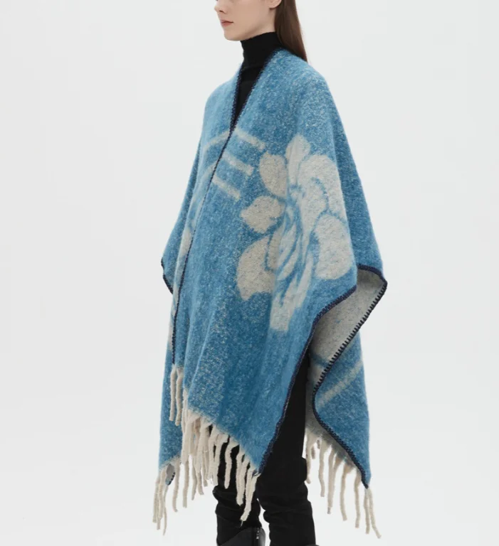 New Arrival Poncho Autumn/Winter Knitted Cape Fluffy Mohair-Like Circle Chiffon Jacquard Flower Shawl Cloak