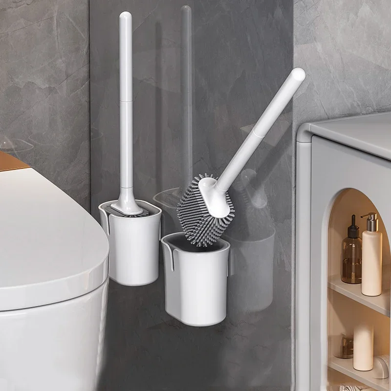 Silicone Toilet Brush Set Wall Mounted No-drill Bathroom Toilet Cleaning Brush with Drying Holder Deep-Cleaning No Dead Corners
