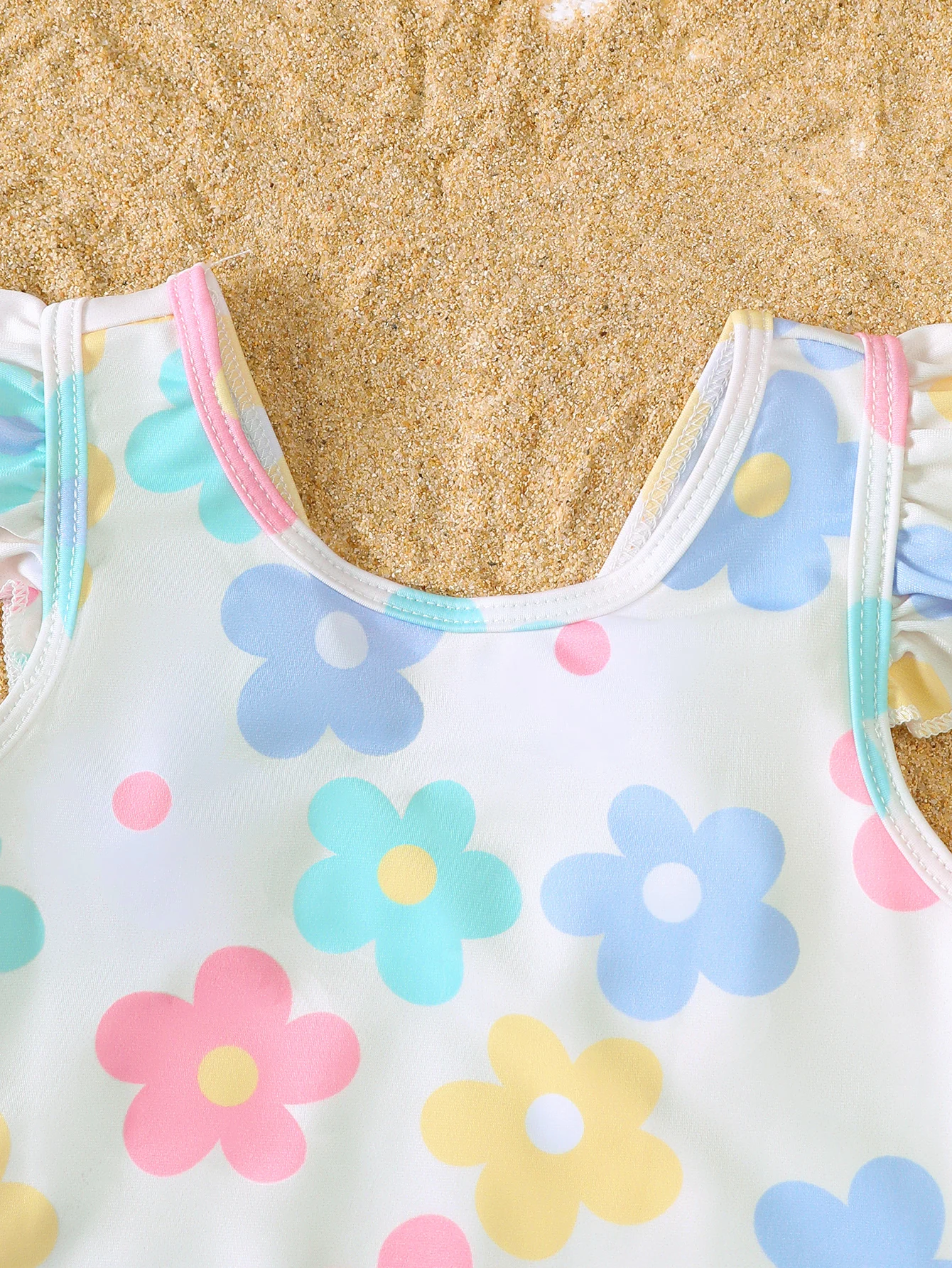 Einteiliger Badeanzug für Babys, Mädchen, Sommer, Blumendruck, Rüschenrand, ärmellos, Säuglingsbadebekleidung, bequemer Baby-Puppenanzug aus weichem Stoff – Detail 2