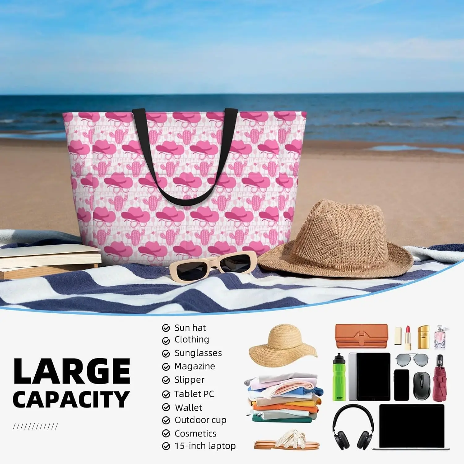 Women's Large Beach Bag Waterproof Travel Tote Bag with Pocket Sandproof Foldable Weekender Bags for Pool Vacation