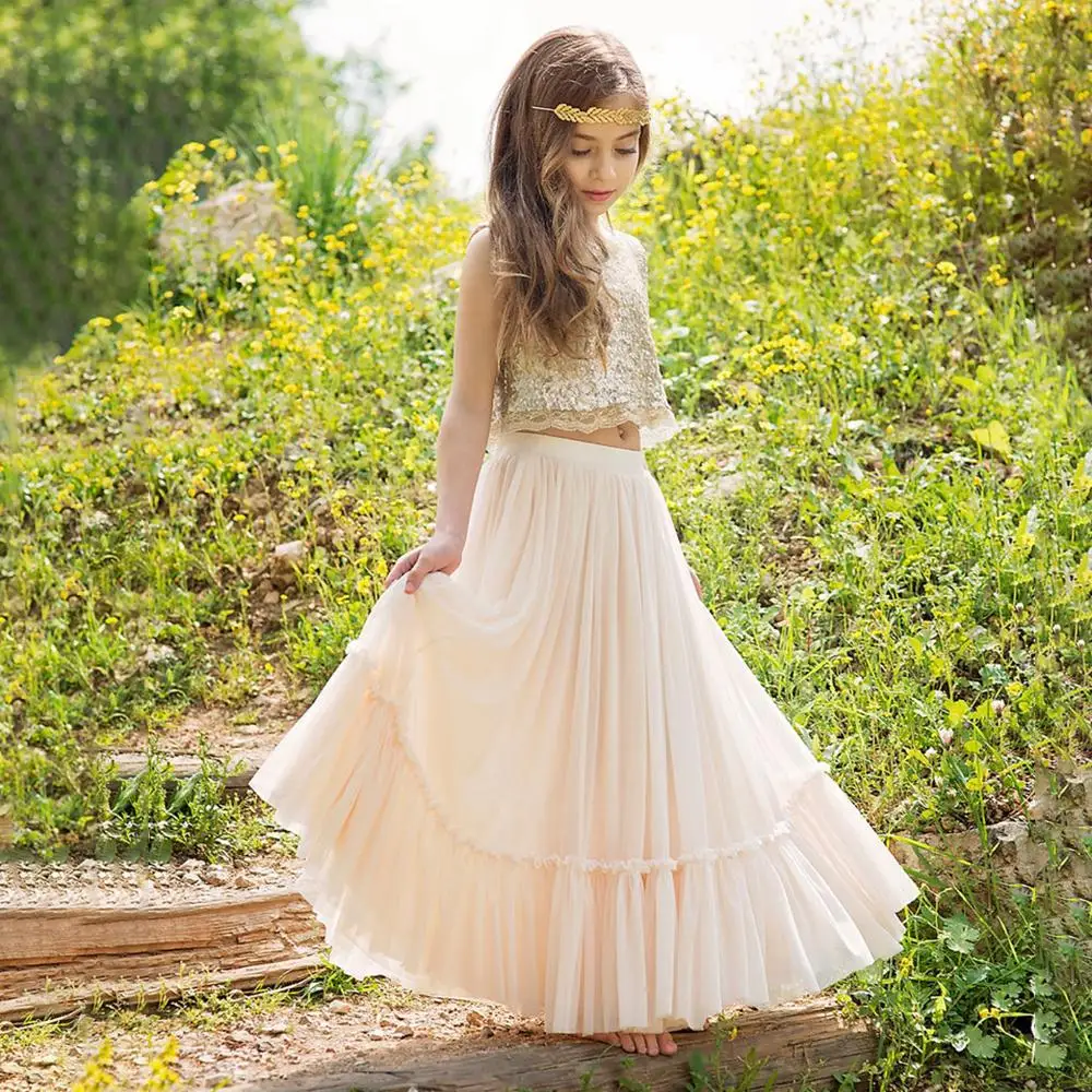 EVLAST due pezzi Boho Flower Girls Dress For wedding abito da spettacolo con paillettes in Tulle a strati Junior abito da prima comunione TFD049