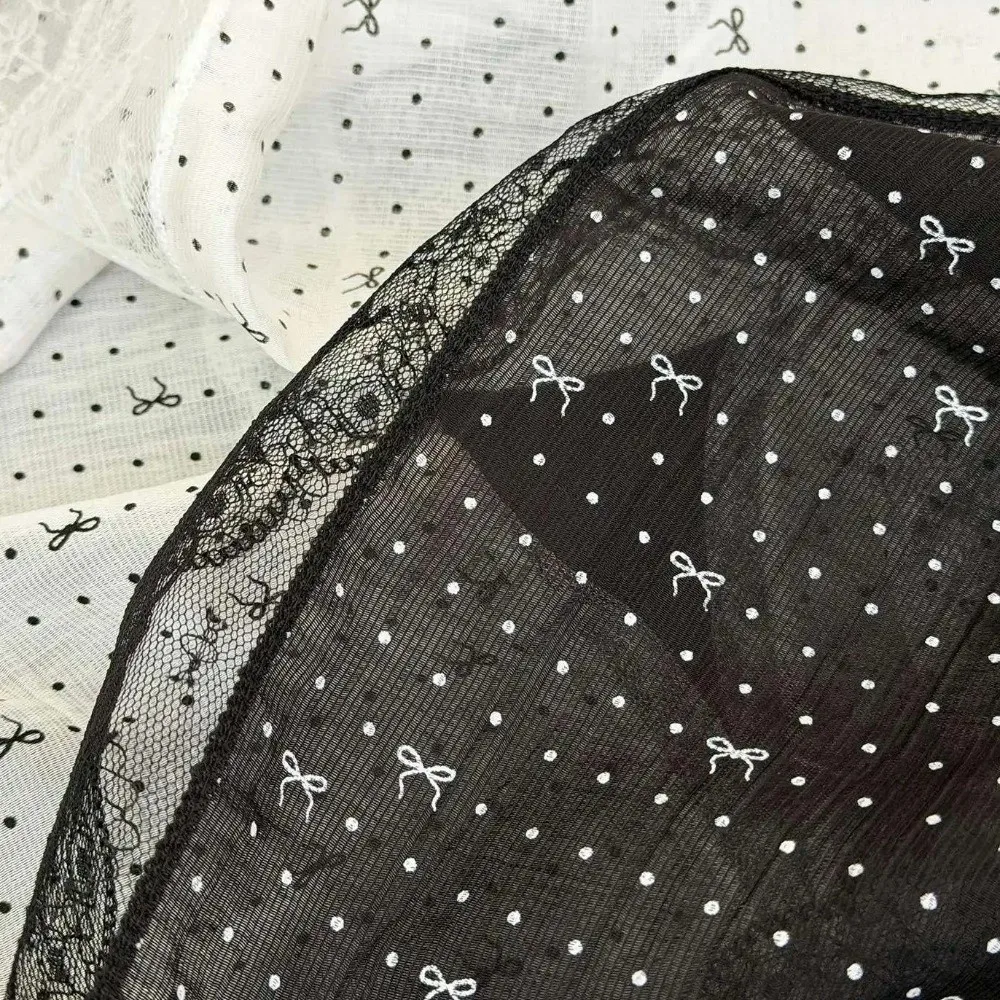 

Fashion Butterfly Knot Silk Scarf Polka Dot Lightweight Drifting Belt Lace Edge Women Headscarf