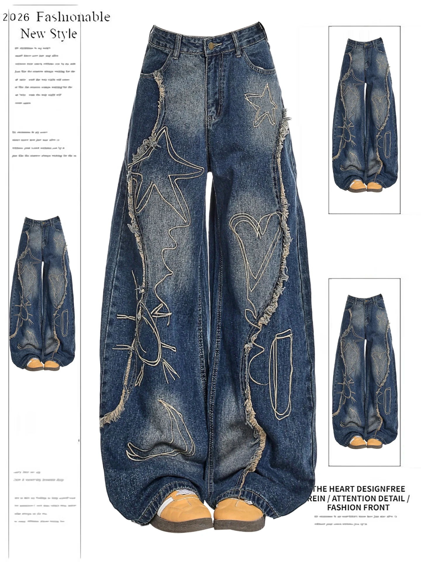 

Американские ретро-джинсы с вышивкой и рваными краями, женские, весенние, новые, свободные, повседневные, широкие, длинные брюки с высокой талией и звездным узором