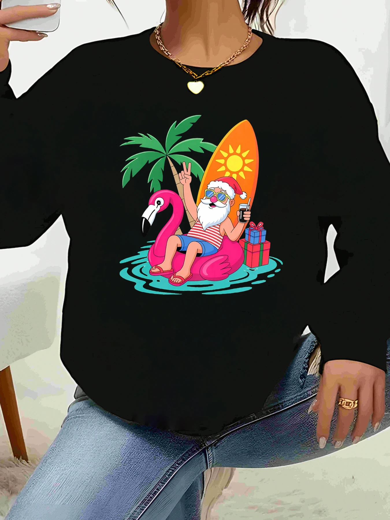 

Санта на фламинго поплавок Рождественский праздник топ с длинными рукавами пляжная вечеринка женский