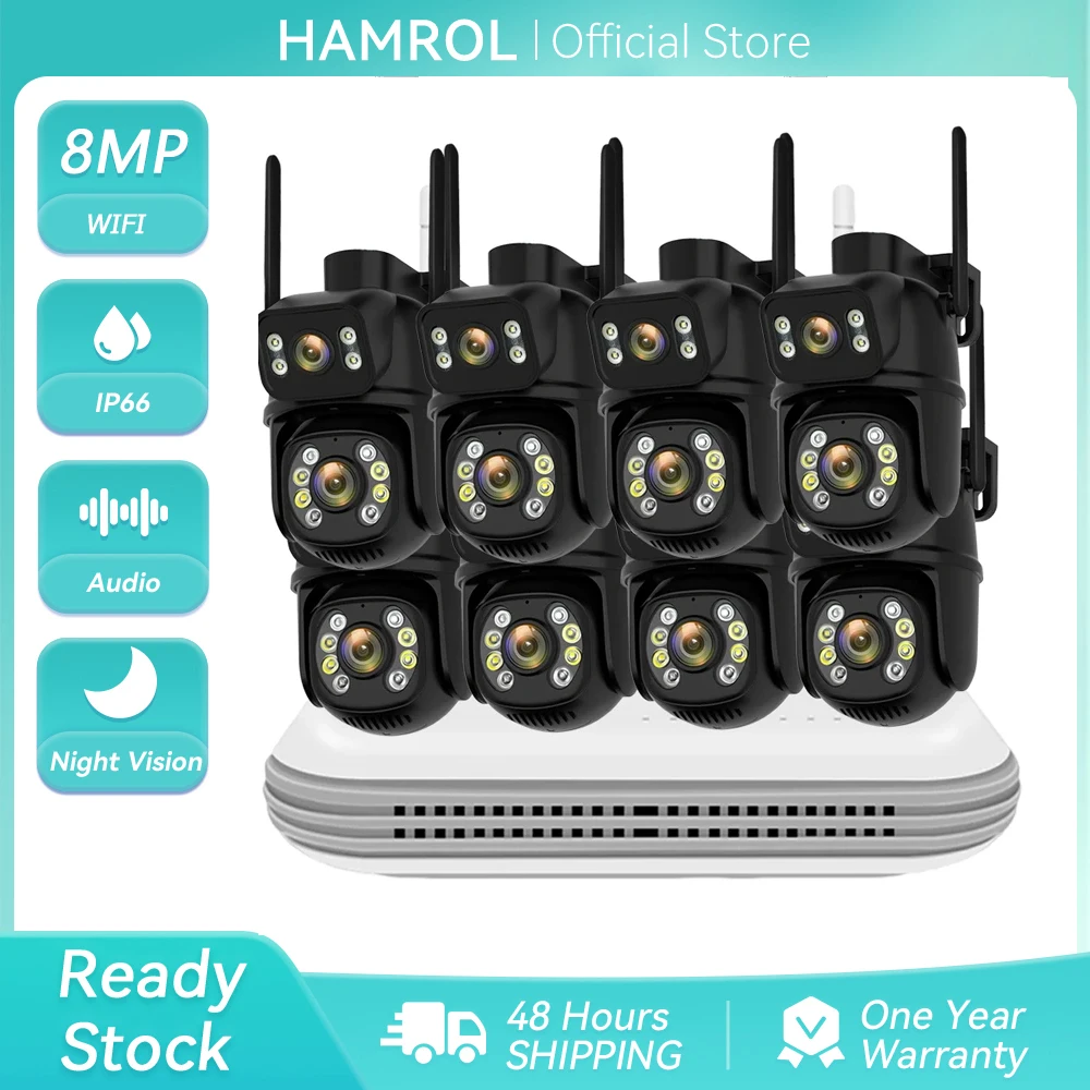 Hamrol WIFI Camera Kit 8MP PTZ Dual Lens IP Camera Smart Home ICSEE APP Night Vision NVR Outdoor 8CH Wireless CCTV Camera System