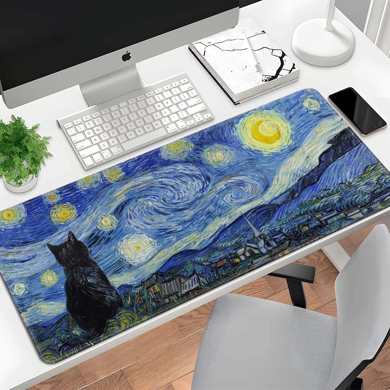 Van Gogh Starry Night Cat Desk Mat, Oil Painting Art Large Gaming Mouse Pad, Non-Slip Keyboard Pad for Home Office Decor
