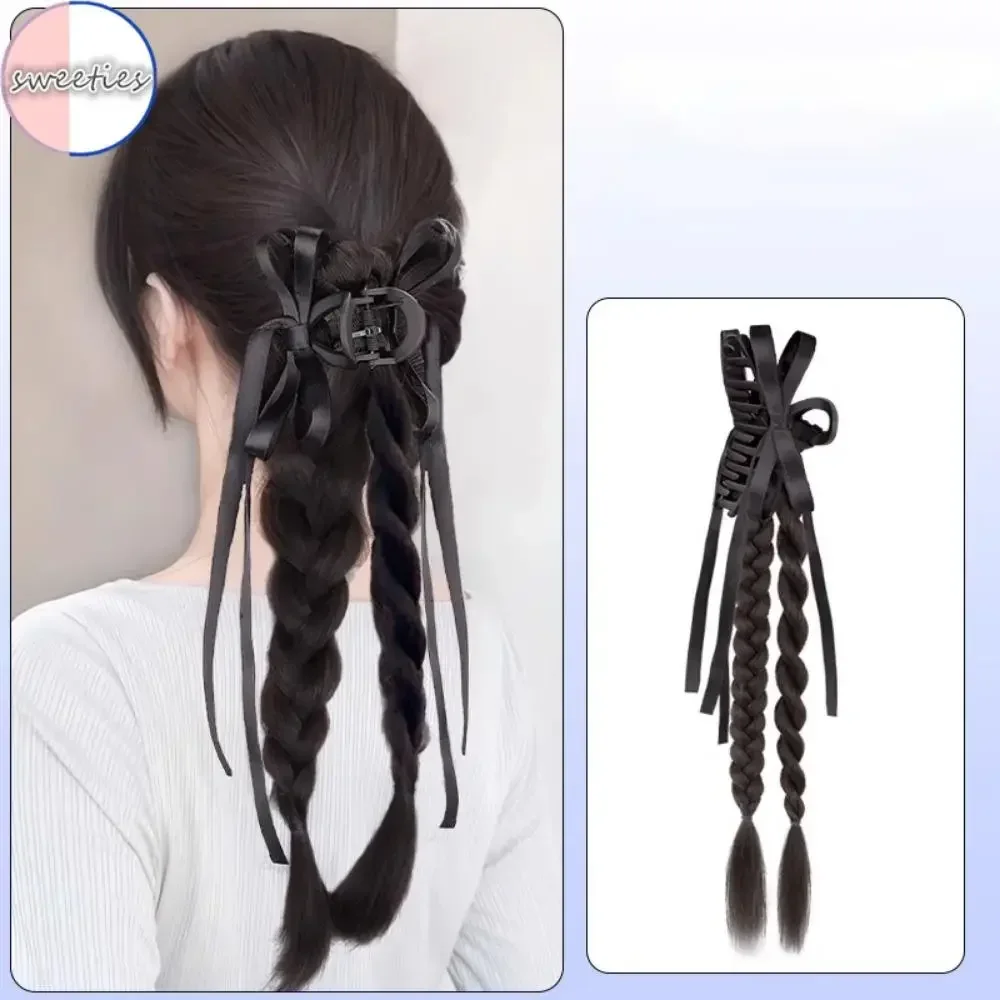 Chinese style Synthetic wigs Ribbon bowknot twisted braid ponytail clip-on woman Simulation boxing braid horsetail wig Extension