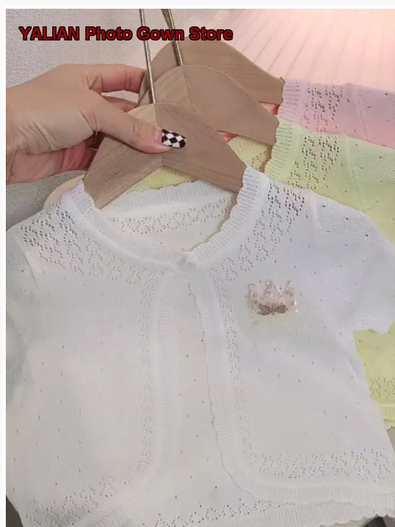 Girls Shawl Summer Kids Air-Conditioning Pure Cotton Thin Outerwear Infant Hollow-Out Knit Cardigan Short Sleeves Baby