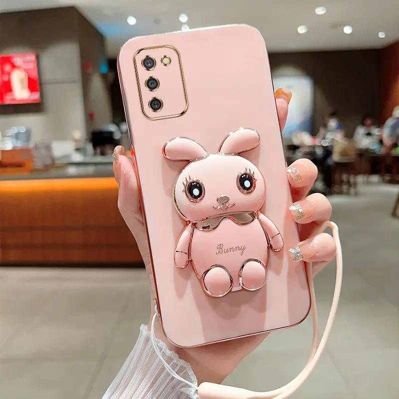 Phone Case For Samsung Galaxy A03S Luxury Plating Square Rabbit Holder With Landyard Phone Case Cover