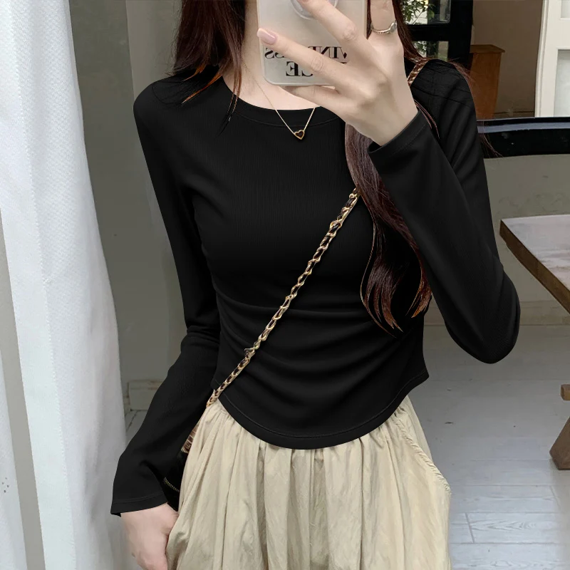 

Женская футболка с длинным рукавом, асимметричная, с завышенной талией, модная, повседневная, для работы, стандартный крой