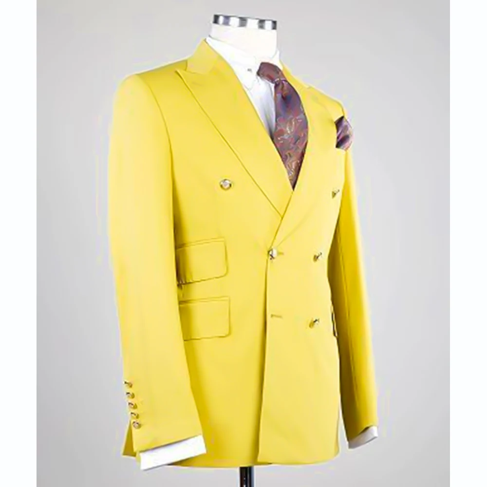 Luxury Men\'s Suit Blazer Yellow Regular Lenght Peak Lapel Hight Street Chic 2 Piece Jacket Pants Business Smart Casual Terno 031