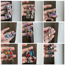 Vintage Fashion Orange Deep Purple Gemstone Geometric Pendant Earrings 2023 New Dual Color Circular Pendant Women's Earrings