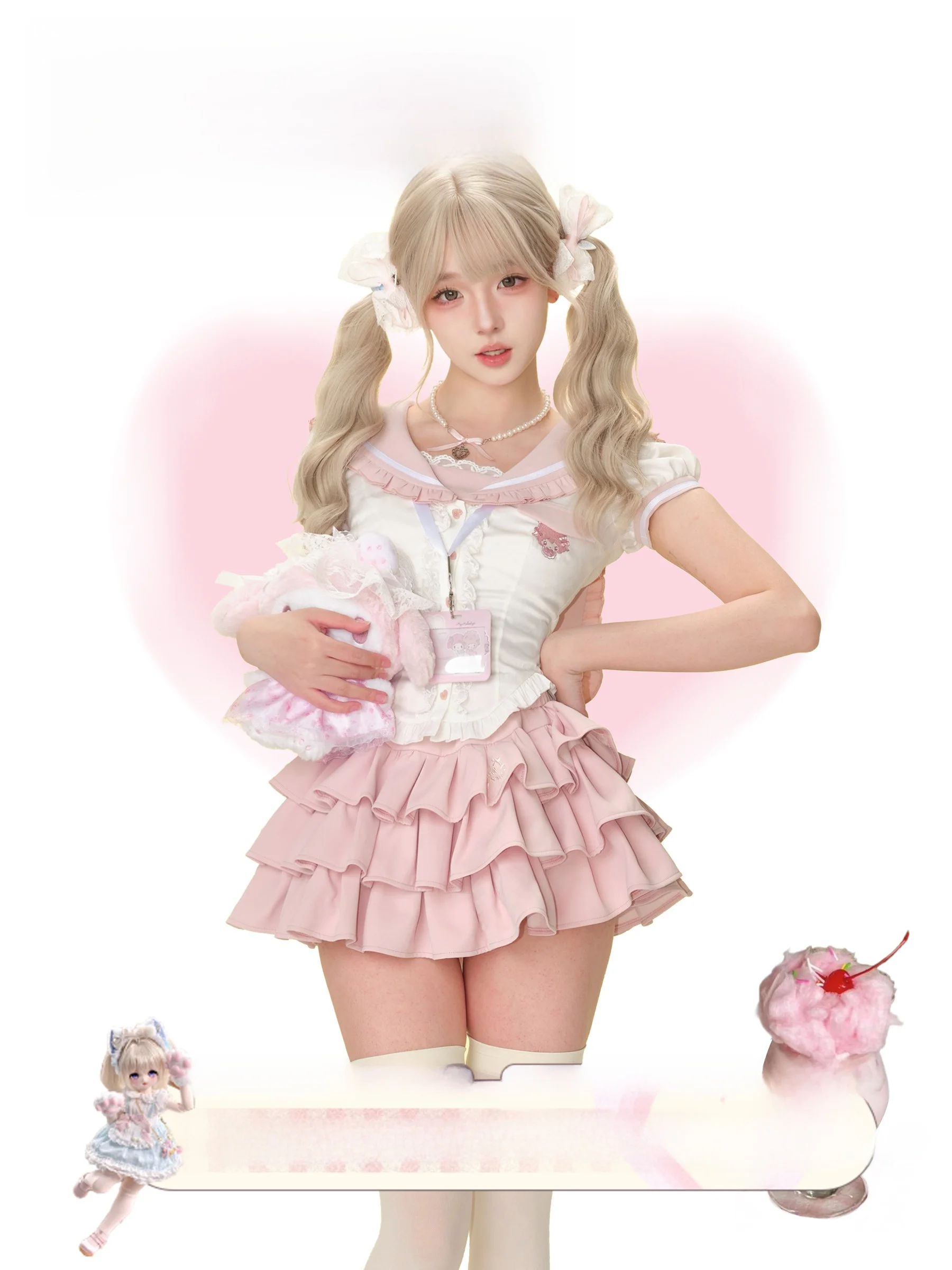 

Розовая юбка-тортик Sweet Rabbit S ort Sve с матросским воротником Bae White ort Set для молодых женщин, летняя модная одежда