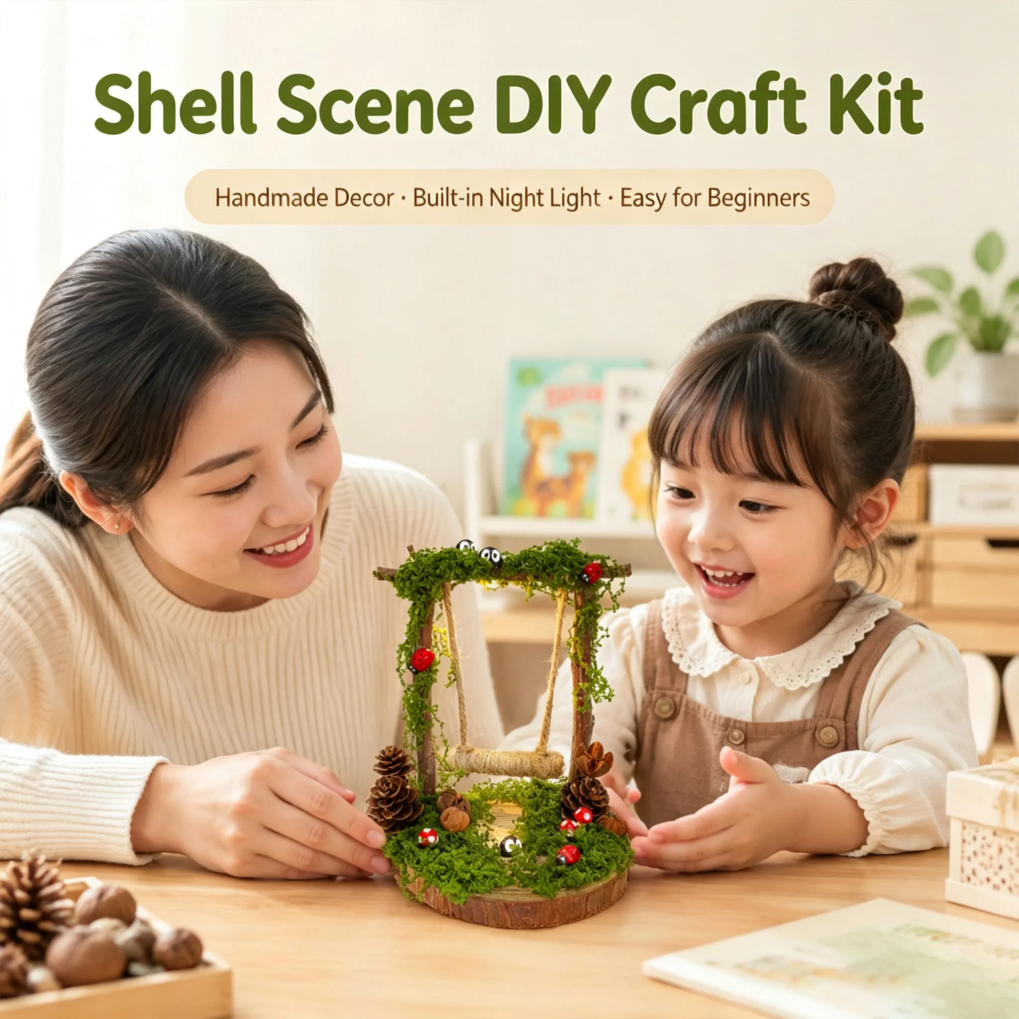 DIY Forest Shell Micro‑Landscape Kit with Warm LED Night Light, Natural Pinecone Moss Mini Fairy Scene Craft Set Gift for Kids