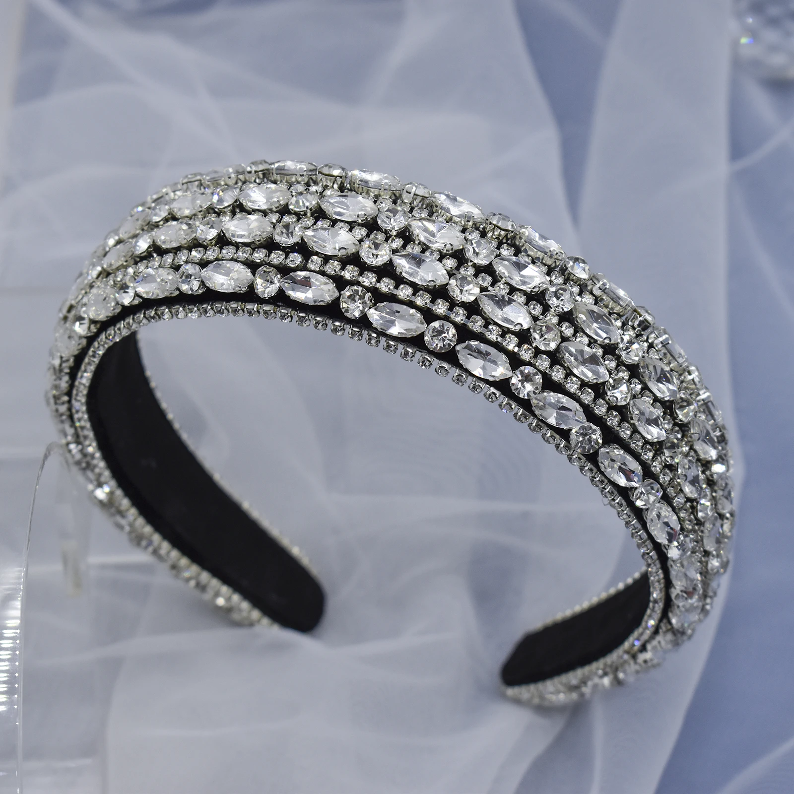 A452 Silver Wedding Hair Accessories Handmade Bridal Headwear Crystal Bridal Head Hoop Shiny Baroque Headband Pageant Crown