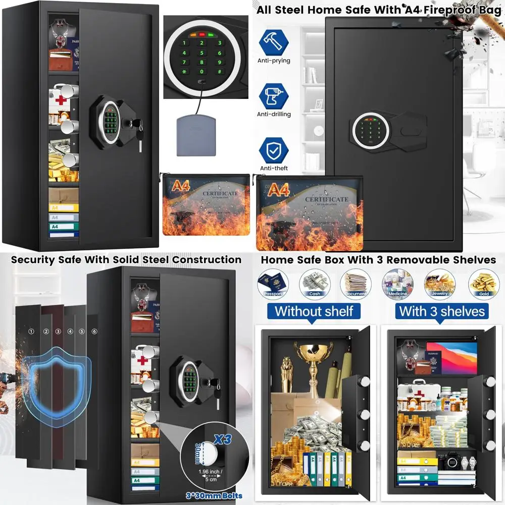 

Огнестойкий и водонепроницаемый большой домашний сейф с огнестойкой сумкой формата А4 и клавиатурой с подсветкой, противоугонным сейфом на 5,6 кубических ножках с