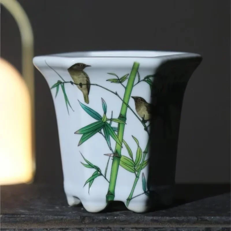 Maceta Hexagonal de cerámica suculenta para bonsái, maceta creativa de paisaje chino, pintura china, decoración del hogar, LF277