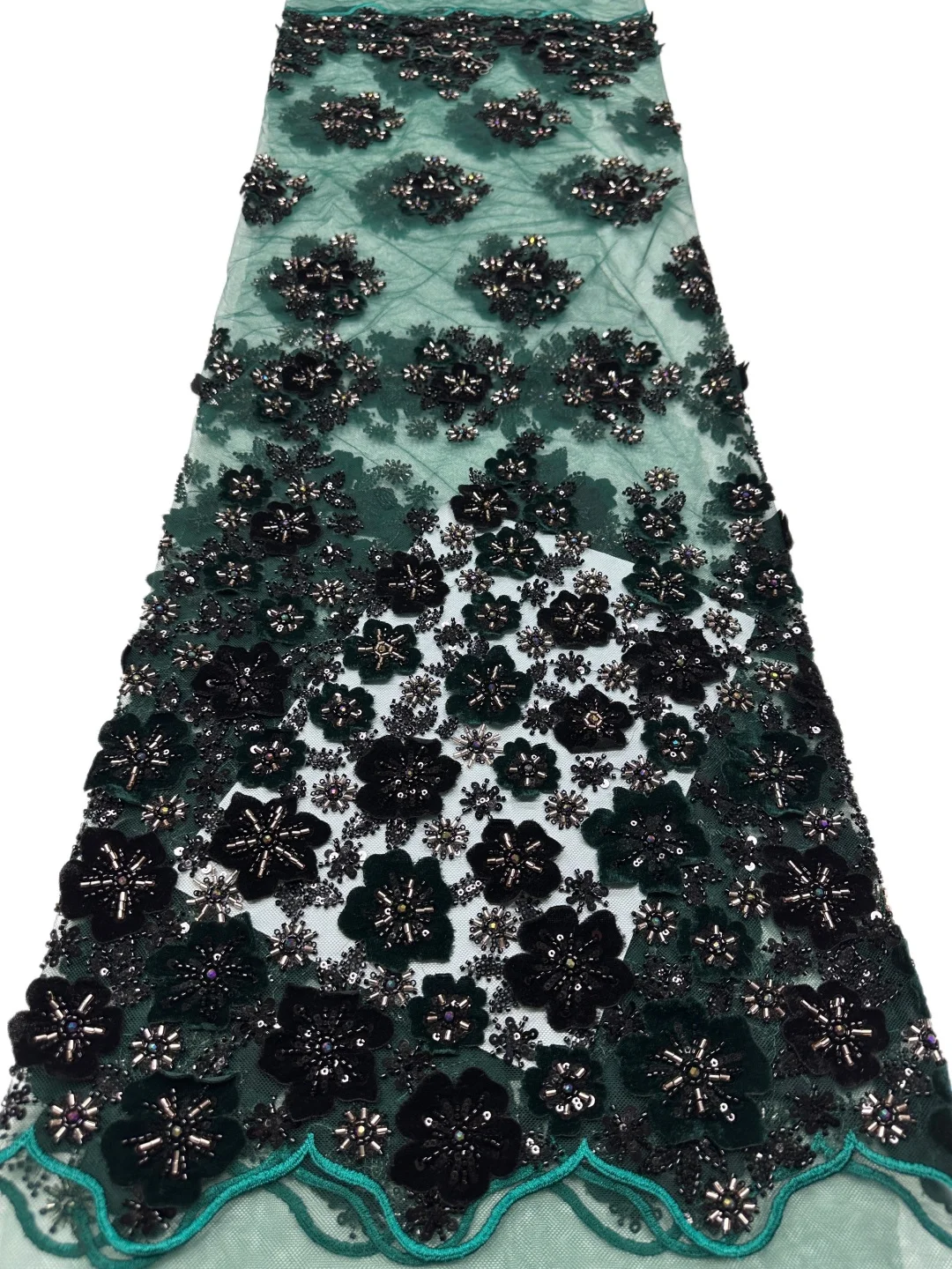 Dark Green Velvet Lace Fabric, Sequin Beaded 3D Floral Embroidered Tulle Mesh Wedding Evening Party Gown Dress Material by