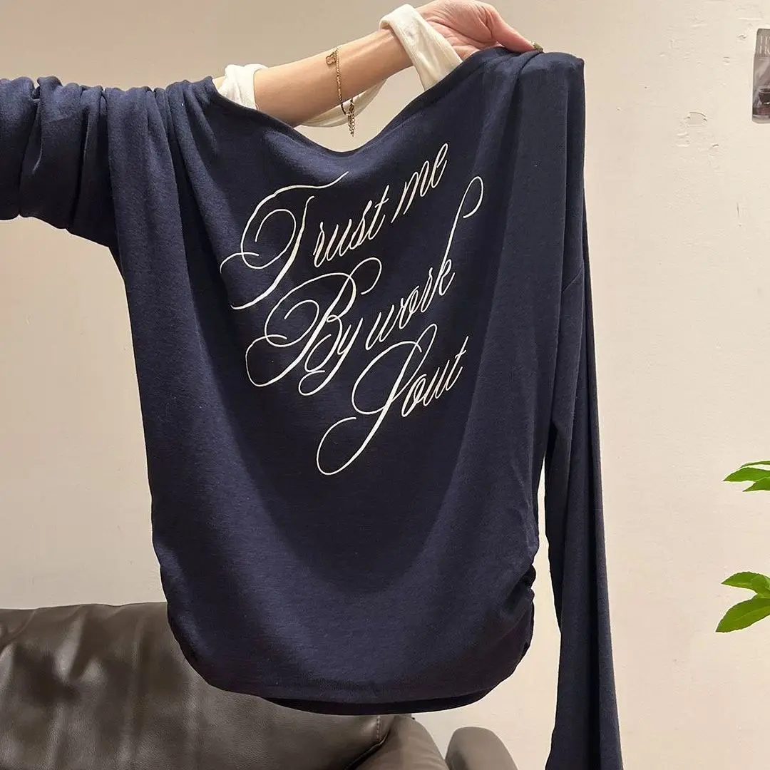 New Autumn And Spring Women's Korean-style Casual Letter Printed Neck-hanging One-shoulder Long-sleeve T-shirt