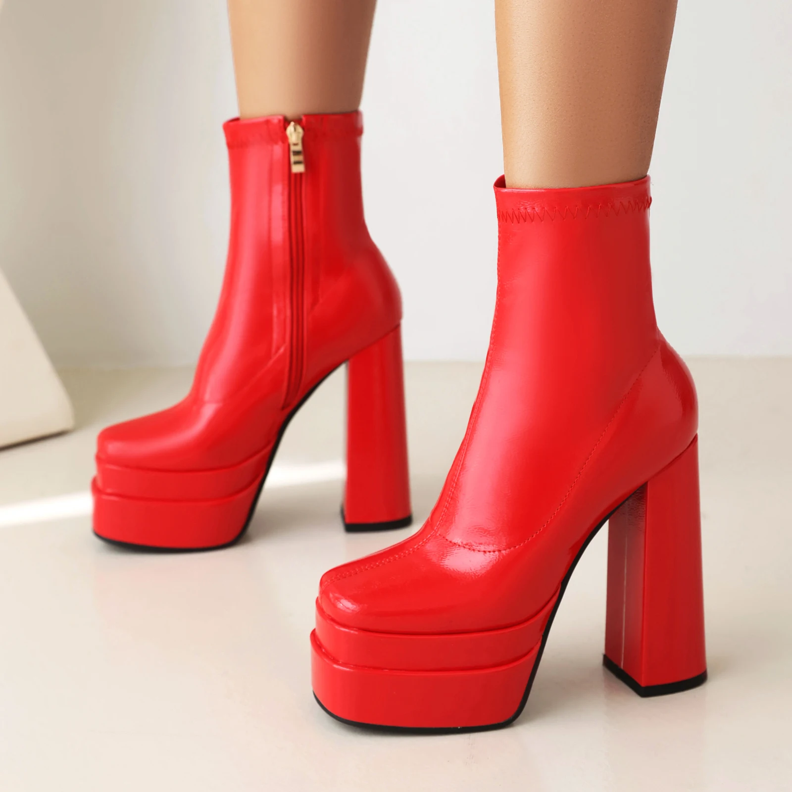 2024 Square Toe Super Double Layer Platform Glossy Patent Leather Material Elastic Boot Super High Thick Heel Concise Ankle Boot