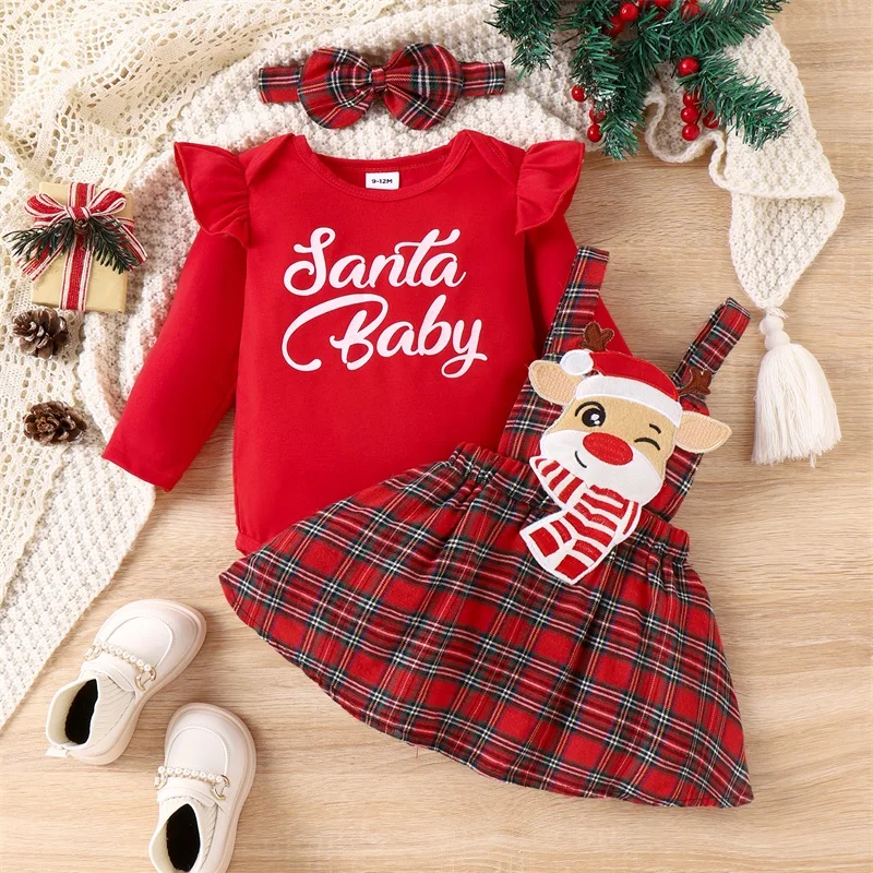 

Baby Girls 3 Piece Xmas Outfits Red Long Sleeve Letter Print Romper Plaid Suspender Skirt Headband Set Christams Clothing