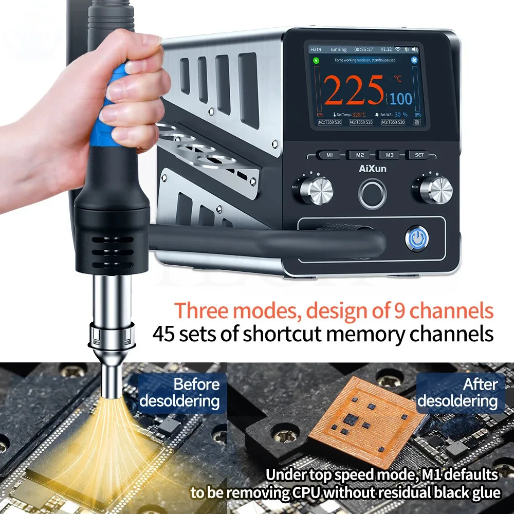 Aixun H314 Estação de solda com pistola de ar quente Display digital 1400W Estação de retrabalho inteligente para reparo de chip PCB de telefone