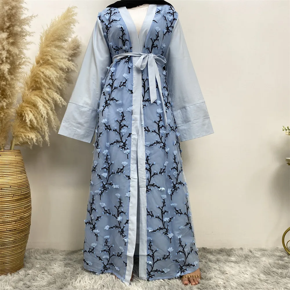 Flower Open Abaya Dubai Turkey Kaftan Women Muslim Embroidery Maxi Dress Eid Fashion Jalabiya Islamic Robe Ramadan Caftan Kimono