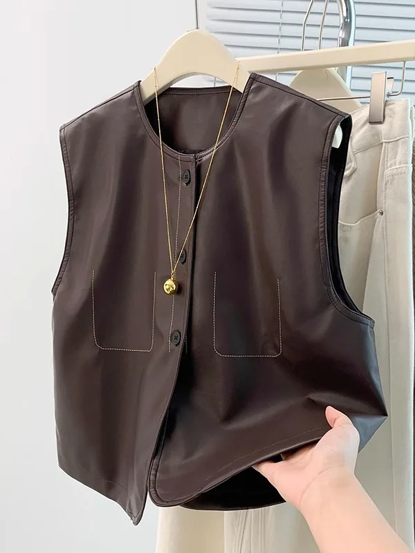 

Ретро Гонконгский жилет из искусственной кожи, женский круглый жилет Ne с одной пуговицей, небольшой жилет Ence Sed oulder