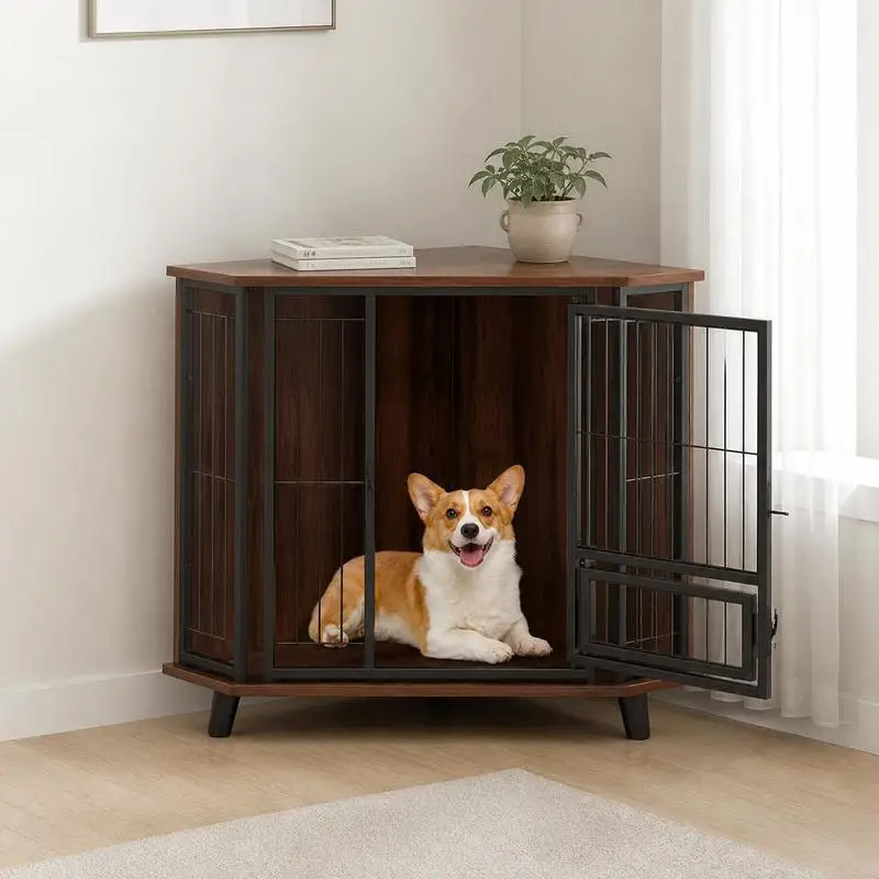 Cage d'angle pour chien avec porte à verrouillage pour la nourriture, 3 pieds en caoutchouc, structure métallique, grand plateau de travail