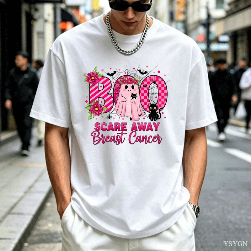 Boo Scare Away Breast Cancer Tee Breast Cancer Awareness Halloween Ghost Tops Pink Ribbon Support Shirt Cute October Cotton Tees