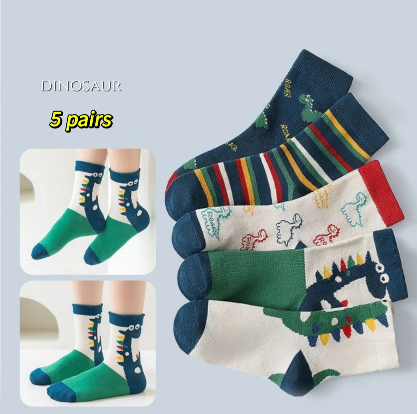 

5 pairs of cute dinosaur socks Children's socks Summer new Dinosaur Breathable children's socks Cartoon animal socks Boys girls