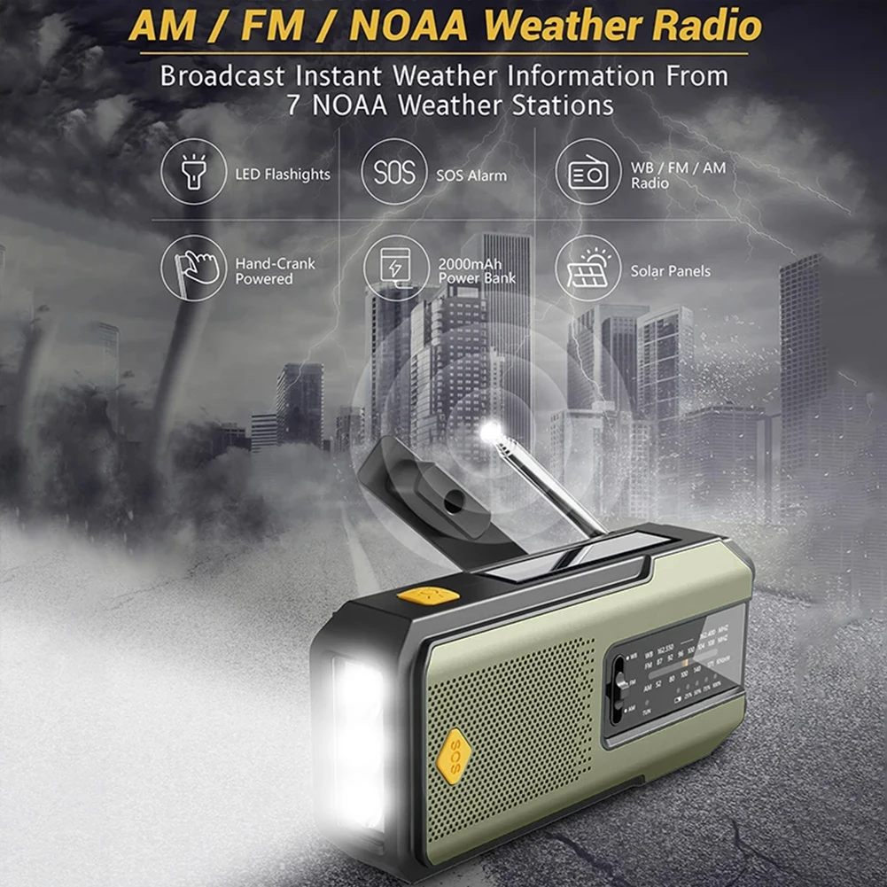 Emergency Hand Crank Solar Radio 2000mAh Power Bank Phone Charger AM/FM/WB NOAA Portable Weather Radio SOS Alarm for Outdoor