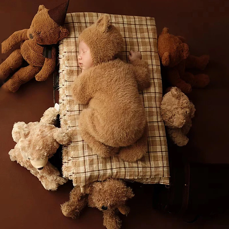 Urso Orelha Chapéu e Macacão Conjunto para Fotografia Recém-nascida, Roupas Boneca Ursos Boneca, Infantil Foto Tiro Props, Wraps Outfits