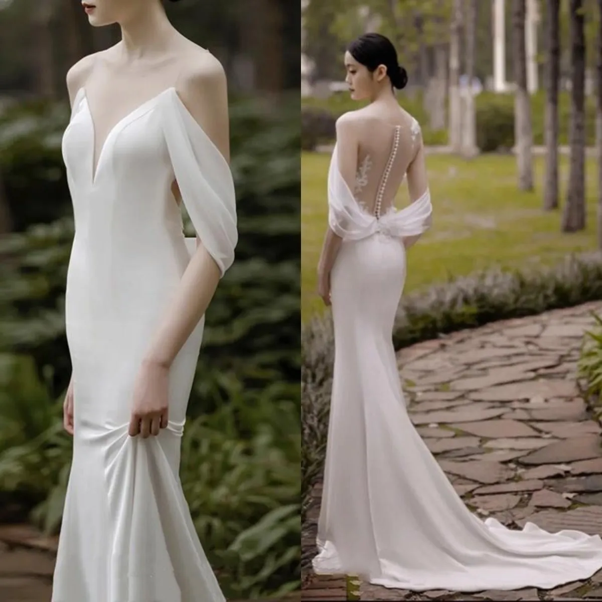 

Elegant Satin Mermaid Wedding Dress 2022 Simple Style Sheer Neck Pearls Appliqued Boho Bridal Gown Robe De Mariée Long Vestido