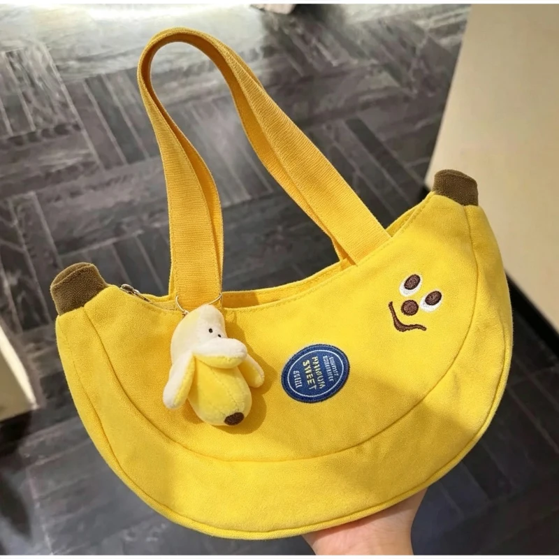 Cute Smiling Face Banana Shaped Canvas Bag Simple Portable Work Bento Bag Girl's Daily Carry On Handbag Shopping Picnic Bag New