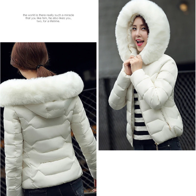 Women\'s Winter Jacket Padding Down Cotton Jacket New Korean Fashion Parkas Hooded Short Fur Collar Coat Warm Winter Coat Women