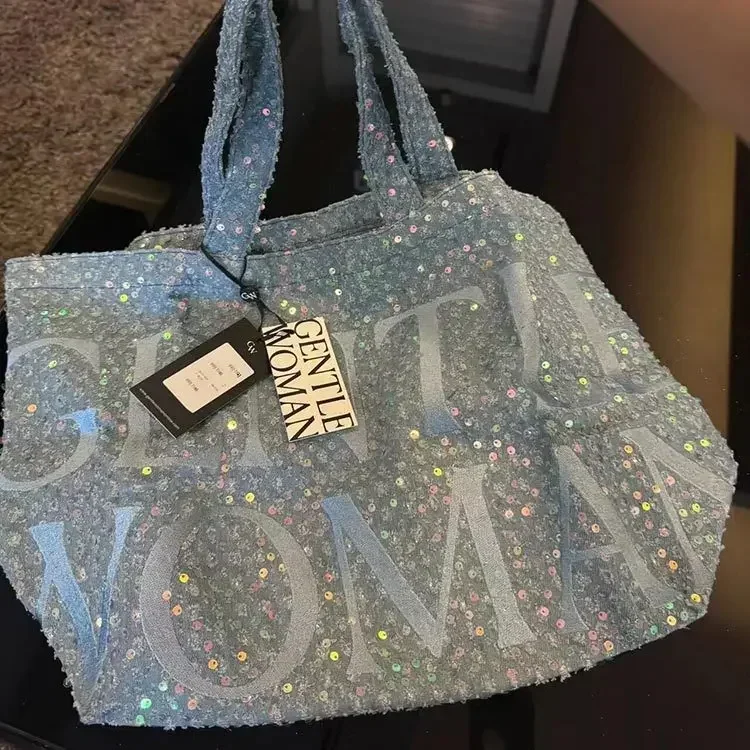 2024 새로운 신사 여성 편지 반짝이 세척 데님 가방 다목적 대용량 토트 백